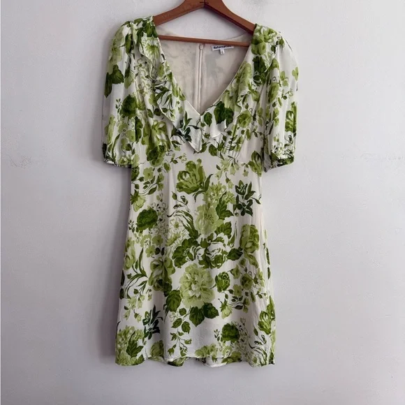 Reformation Simon Green Floral Puff Sleeve Mini Dress Size 4 - Picture 2 of 7